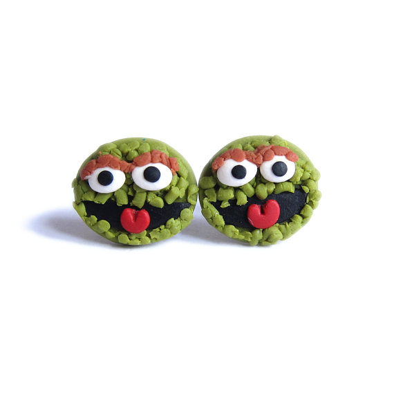 Polymer Clay Stud Green Earrings, Funny Jewelry, Oscar The Grouch Muppet Show Sesame Street, Girls Children Birthday Presents Gifts Ideas