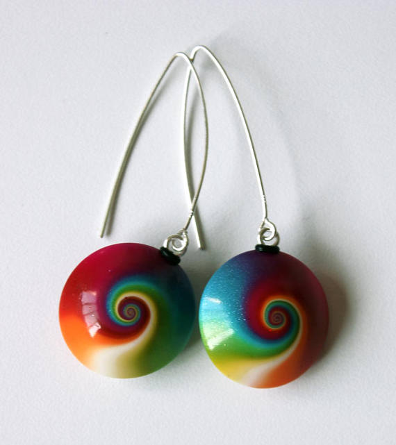 Polymer Clay earrings, Polymer jewelry, cool earrings, DIY earrings, wearable art, handmade, polymer clay, swirl earrings, DIY jewelry, Polymer clay rainbow earrings with lentil beads