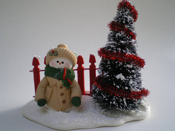 Polymer clay Snowman in a Christmas snow scene.