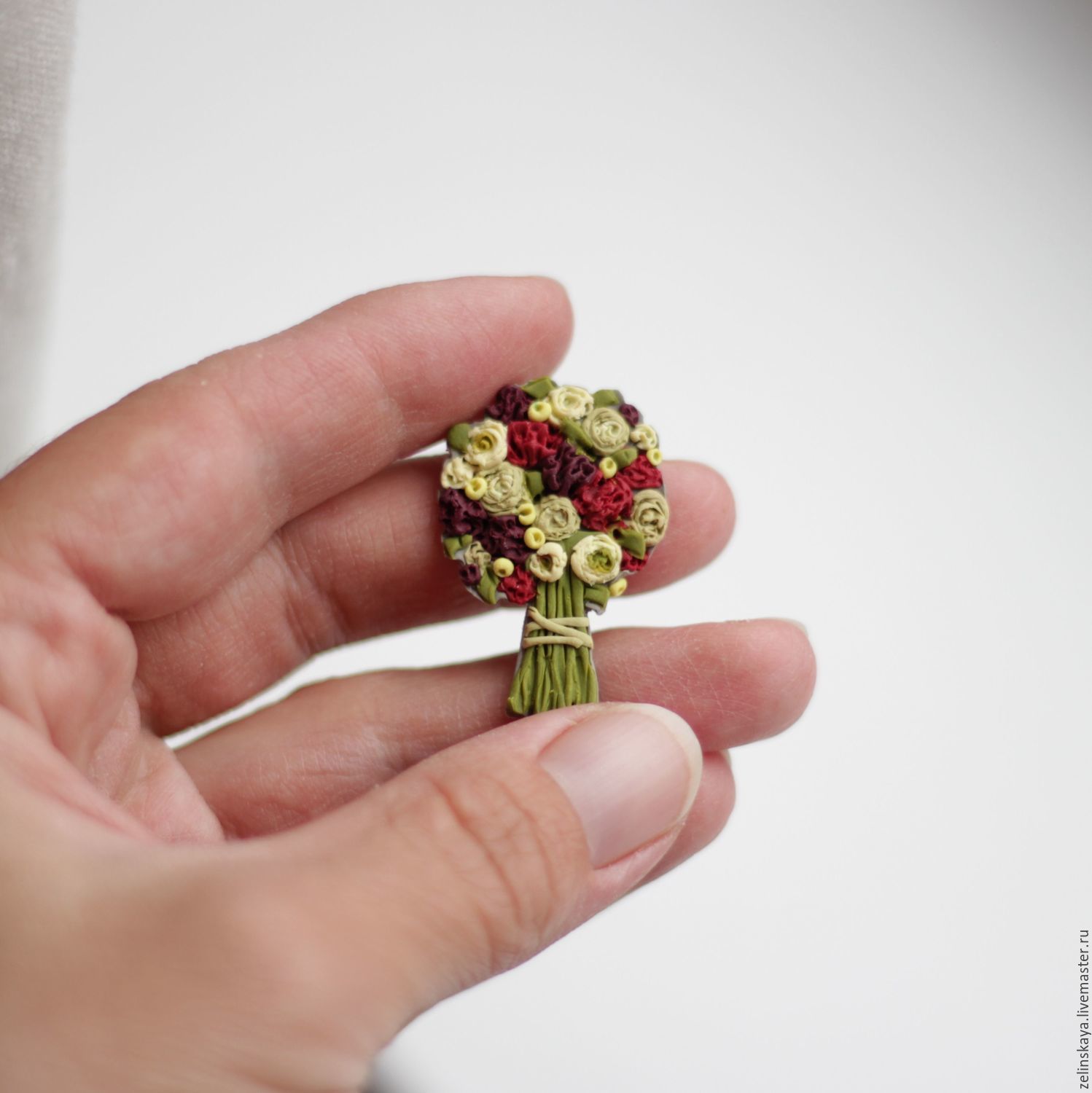 Polymer clay miniature bouquet brooch - Bouquet with peonies and ranunculus