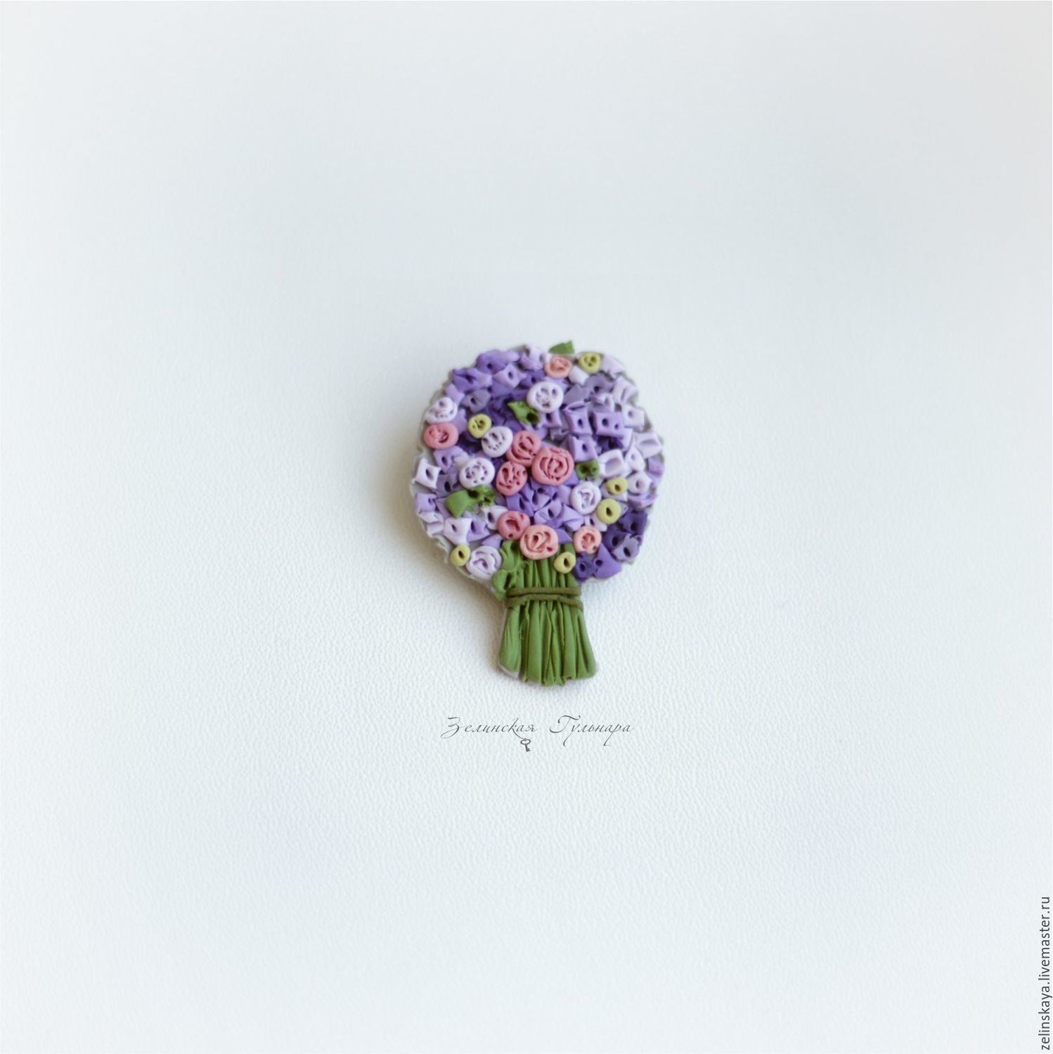Polymer clay miniature bouquet brooch - lilac bouquet