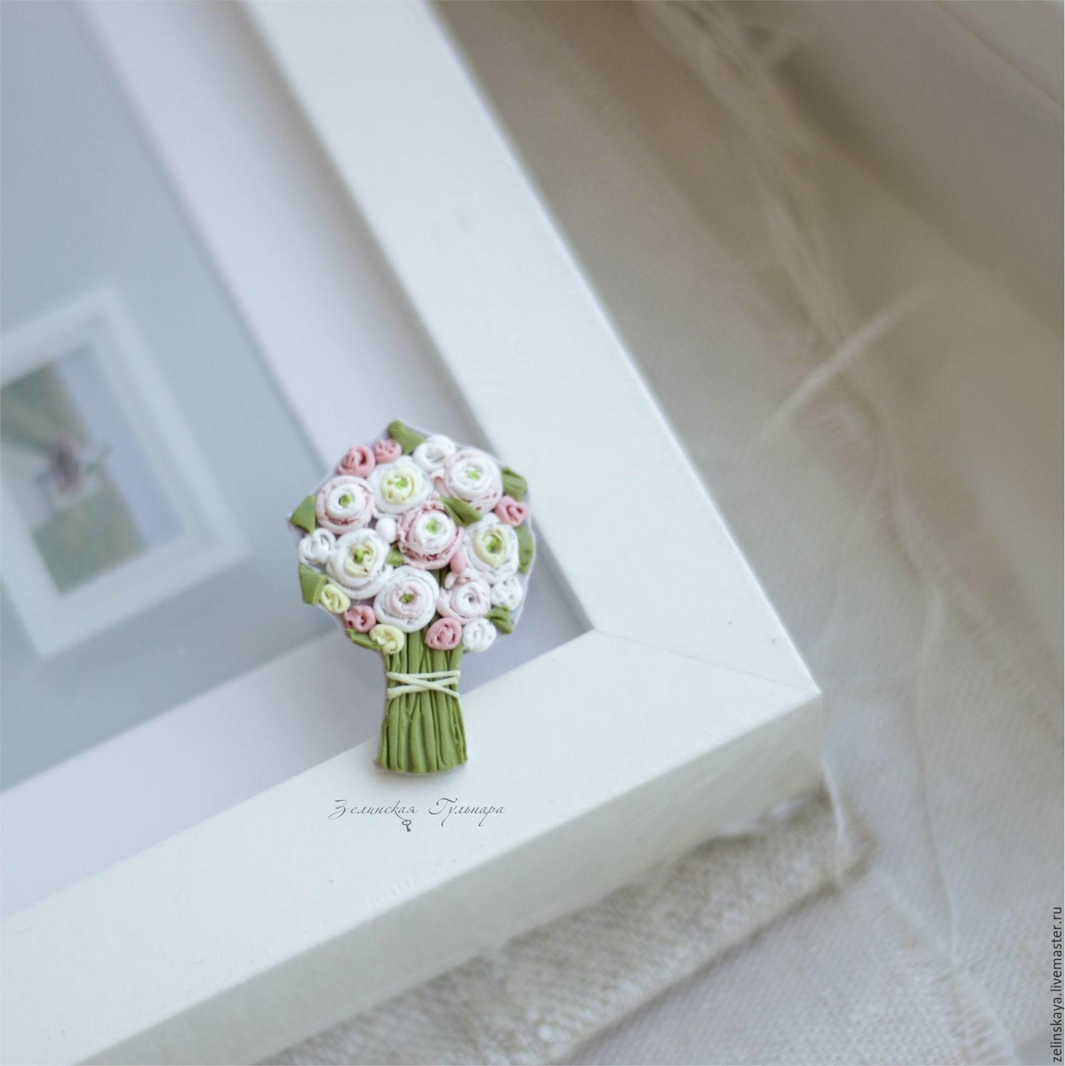 Polymer clay miniature bouquet brooch - white and pink ranunculus bouquet