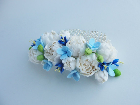 Powder Blue Dusty Wedding Bridal Hair Comb White Peony Flower Comb Something Blue Wedding Bridesmaid Hair Accessory polymer clay flower hair comb