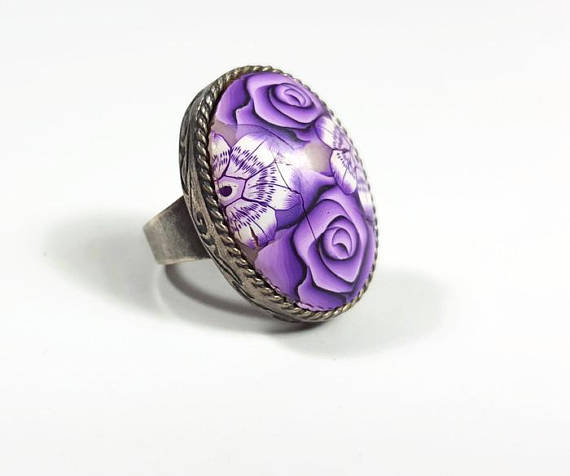 Large polymer clay oval flower canes ring ideas