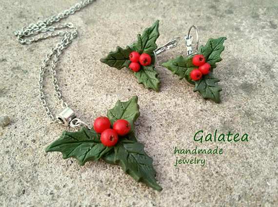 Polymer clay red berry jewelry for Christmas