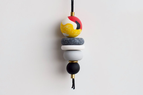 Red Pendant necklace, Modern Beaded necklace, Dangle Bead necklace, Pendant jewelry, Polymer Clay necklace, Yellow bead necklace, Polymer clay beaded minimalist necklace