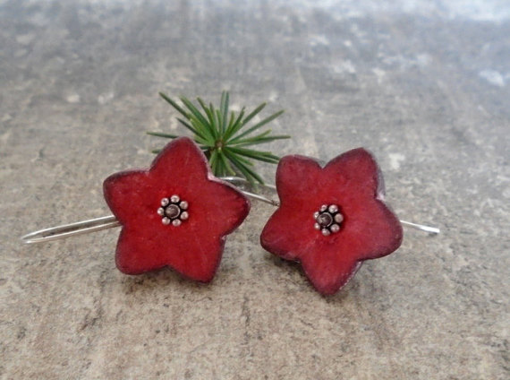 Red star earrings, flower earrings, air dry clay jewelry, rustic shabby chic earrings faux ceramic, sterling silver, Christmas earrings