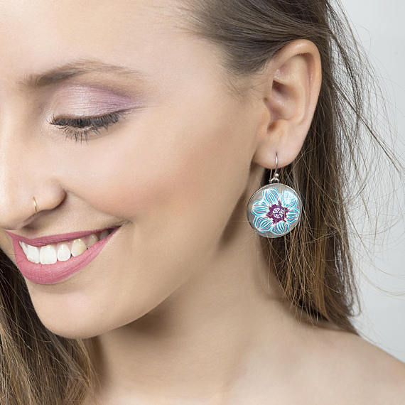 Round floral earrings, Turquoise earrings, Statement turquoise earrings, light blue earrings, statement chic earrings, gift for girlfriend