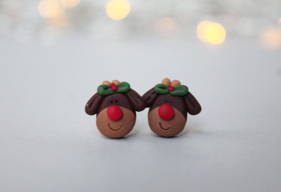 Rudolph the Reindeer Earrings - Christmas Earrings - Secret Santa Gift - Christmas Gift - Holiday Earrings - Christmas Jewelry - Clay Studs