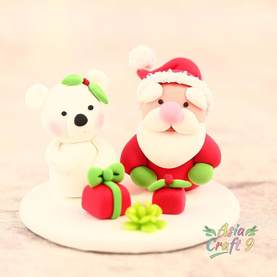 Santa Claus and Polar Bear clay Christmas decoration- Xmas gift