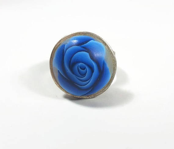 Stunning blue ring, Gift for sweet 16, Shabby chic ring, Romantic blue vintage ring, ring for girls, Evening out ring, trendy chic gift idea, polymer clay rose cane ring