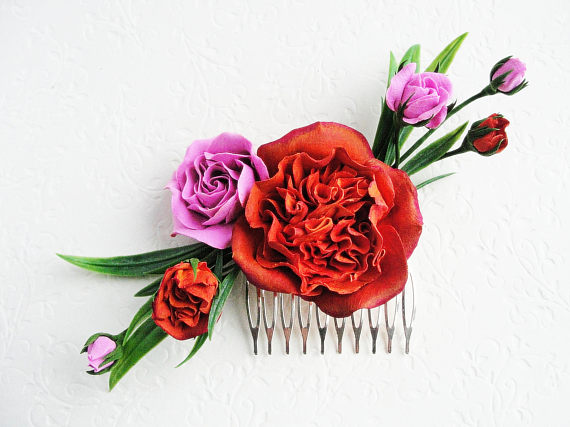 Blush Pink Rose Hair Comb Dark Marsala Red Dusty Rose Floral Collage Romantic Bridal Shabby Country Bridesmaid Gift For Her Vintage Style