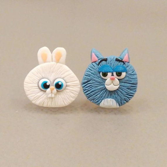 The Secret Life Of Pets, Bunny Snowball Earrings, Chloe Cat Earrings, Blue Cat Earrings Polymer Clay Earrings, Funny Gifts Ideas Emo Jewelry