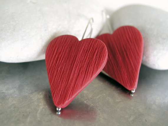 Valentine red polymer clay heart earrings, modern dangle earrings, Valentine earrings jewelry, love, line, stripe textured, sterling silver,