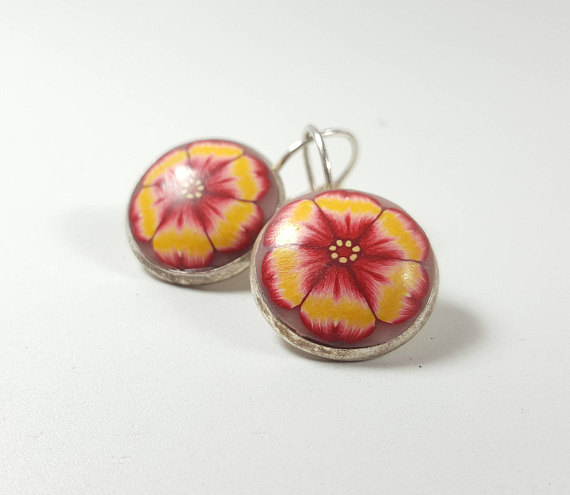 Yellow earrings, Red yellow flowers, Red round earrings, Party earrings, Everyday earrings, Boho earrings, bridesmaid jewelry, gift for teen