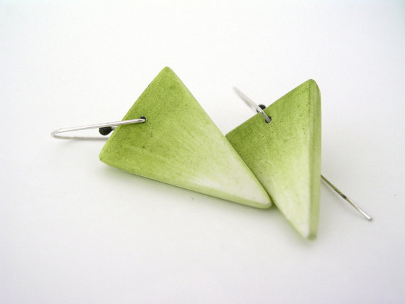 Yellow - green triangle earrings, air dry clay, ombre geometric earrings, dangle, modern minimalist, sterling silver, geometric, white