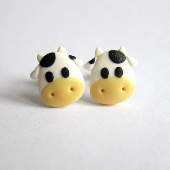 cow earrings, cow gifts, animal earrings, animal jewelry, polymer clay earrings, cowboy farmers ball gifts, girls earrings childrens jewelry