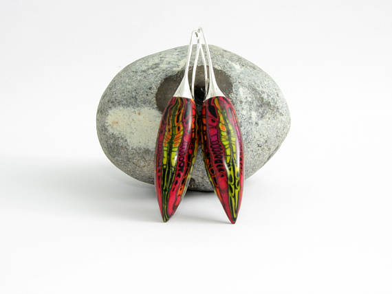 earring handmade Polymer clay , unique fimo from Germany with hooks, werable art