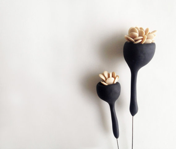 organic minimalist contemporary polymer clay brooch ''black bell flower with leaves'' large size