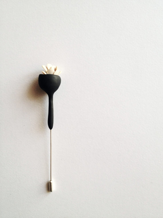 organic minimal contemporary polymer clay brooch ''black bell flower with leaves'' medium size