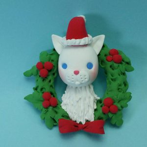 Polymer clay white cat Christmas wreath ornament with Santa hat
