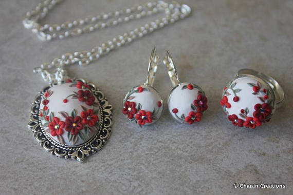 polymer clay embroidery jewelry set with red flowers applied