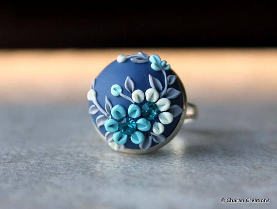 Beautiful Polymer Clay Applique Statement Ring in Blue