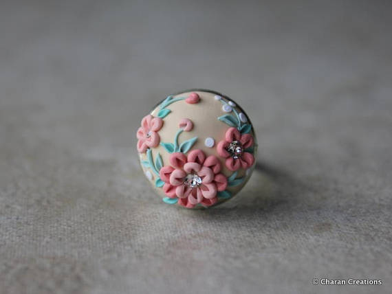 Beautiful Polymer Clay Applique Statement Ring in Peach and Beige