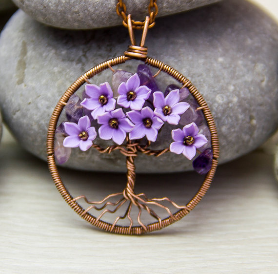 Polymer clay tree with flowers pendant - beautiful gift Tree Of Life Necklace - gift for her - copper wire wrapped pendant - copper jewelry -  modern amethyst necklace - rustic amethyst pendant