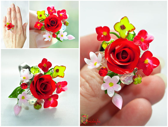 Exclusive handmade ring with scarlet rose, tiny light pink flowers, pear hydrangea and crystal beads.