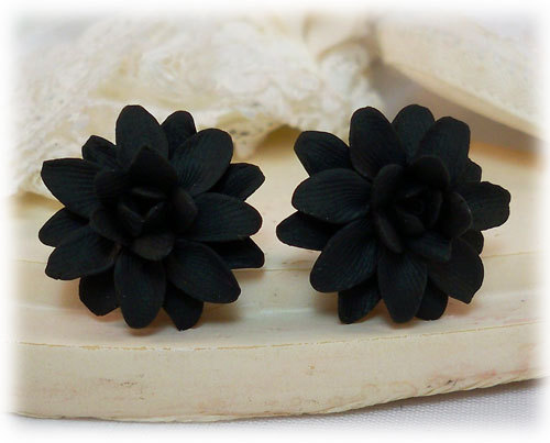 polymer clay flower, Black Dahlia Earrings Stud or Clip On - Dahlia Jewelry Collection