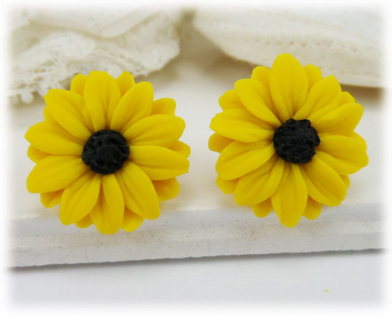 polymer clay flower, Black Eyed Susan Earrings Stud or Clip On - Black Eyed Susan Jewelry Collection