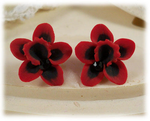 polymer clay flower, Black Red Orchid Earrings Stud or Clip On