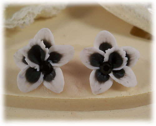 polymer clay flower, Black White Orchid Earrings Stud or Clip On