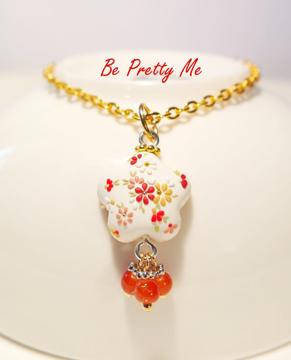 Blooms on Snow. Elegant Polymer Clay Necklace Pendant. Handcrafted to shine with you in every angle