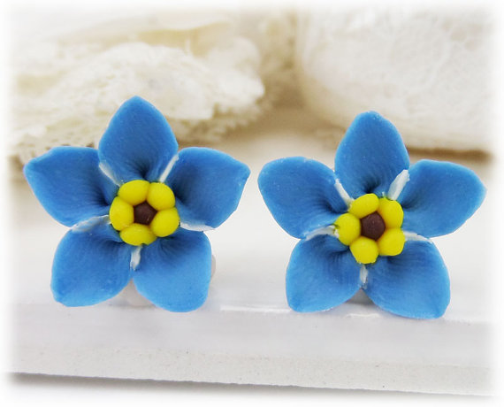 polymer clay flower, Blue Forget Me Not Earrings Stud or Clip On - Forget Me Not Jewelry Collection