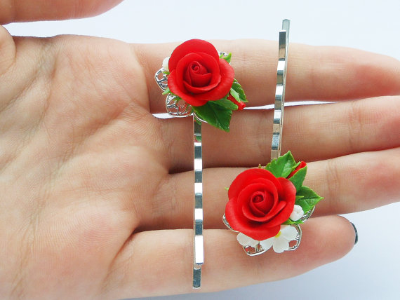 Bobby pin red Rose handmade polymer clay Rose hair clips Red barrette Rose hair accessory Floral Bobby Pin Hair Pin Flower Hair Accessories