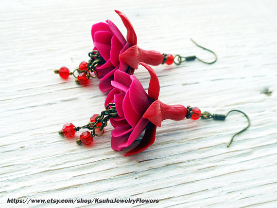 Bride Earrings Fuchsia, Red Flowers polymer clay fashion jewelry Flowers romantic Jewelry prom Earrings wedding, Long earrings magenta Polymer clay fuchsia flower jewelry
