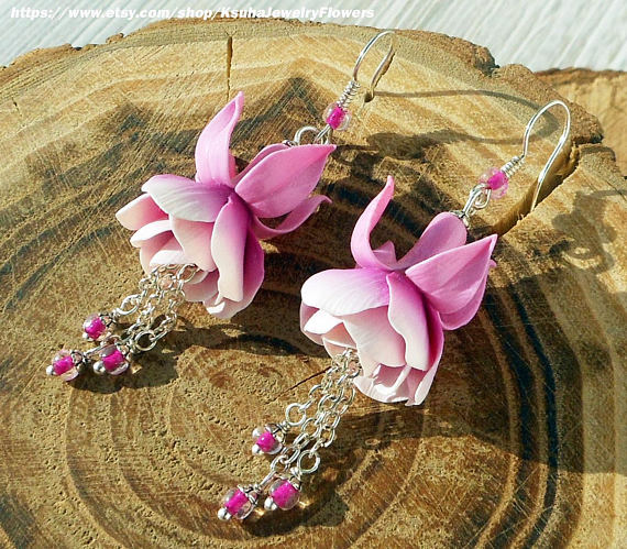 Bride Earrings Fuchsia pink white Jewelry fuchsia flowers White pink bridal jewelry Wedding earrings Beach wedding Pink earrings Polymer clay fuchsia flower