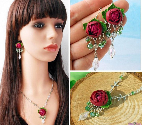 Burgundy Peonies Jewelry Set Necklace peonies polymer clay Floral necklace Crystal earrings Sangria flower Long earrings Gift for her