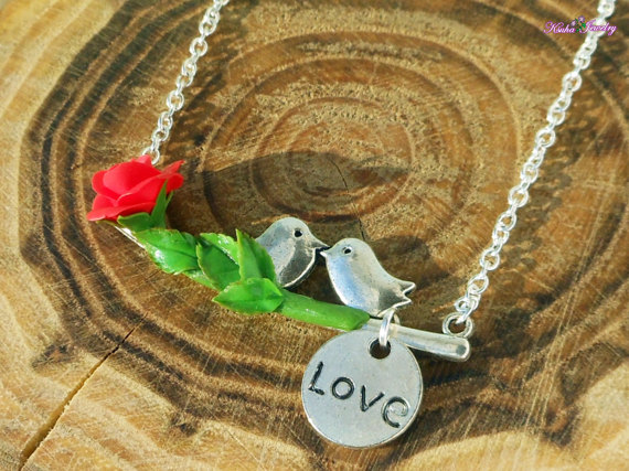 Charm Necklace Love Birds Jewelry Red rose Gift for girlfriend Romantic gift Necklace red rose Best friend necklace Gifts for friends