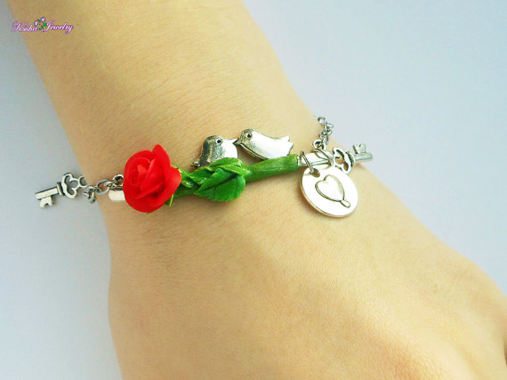 Charm bracelet Love Birds Jewelry Red rose bracelet Girlfriend gift Romantic gift for her Friendship chain bracelet Heart key Free earrings
