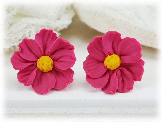 polymer clay flower, Cosmos Flower Earrings Stud or Clip On - Cosmos Jewelry Collection