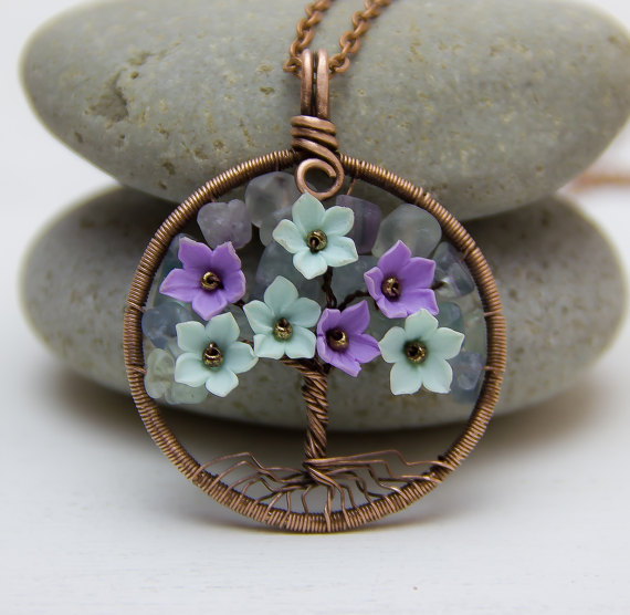 Polymer clay tree with flowers pendant - coworker gift - Tree Of Life necklace pendant - copper wire wrapped pendant - copper jewelry - wire fluorite necklace - modern tree green purple