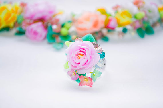 Exclusive handmade flower ring with blooming pink peony, tiny blue and pink hydrangea flowers, crystal beads and turquiose leaves tinted white