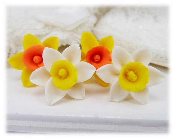 polymer clay flower, Daffodil Earrings Stud or Clip On - Daffodil Jewelry Collection, March Birthday Birth Flower