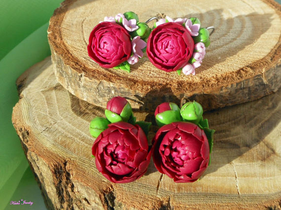 Polymer clay burgundy peonies jewelry