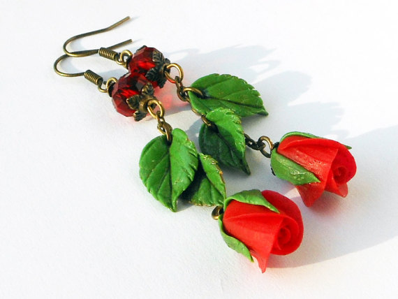 Earrings Red Rose on a chain Handmade of polymer clay Jewelry flowers Earrings Romantic accessory Jewelry roses Red earrings Gift for girl