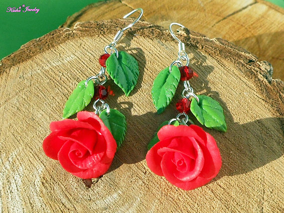 Earrings red roses polymer clay Earrings rose leaves Romantic jewelry gift for girl Statement earrings Red jewelry Wedding floral earring
