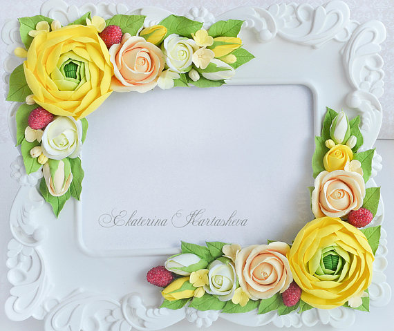 Polymer clay flowers picture frame